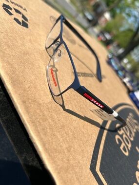 Prada Navy Frames with Red Logo Stripe